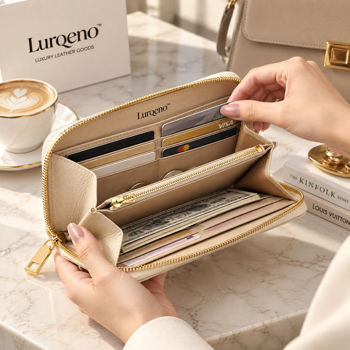 Lurqeno™ Women's Luxury Pebbled Leather Zip-Around Continental Wallet – Cream